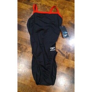 Speedo Women’s Endurance+ Fly back Solid One Piece Swimsuit Sz 26 Black Red NEW